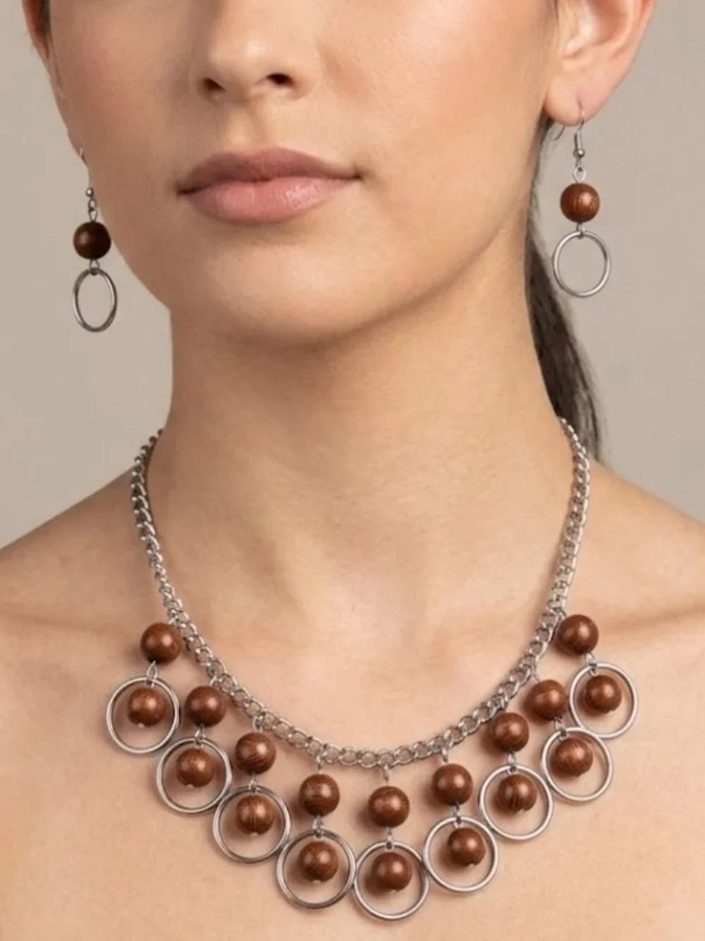 NWT Paparazzi Silver and Brown Necklace and Earrings Set